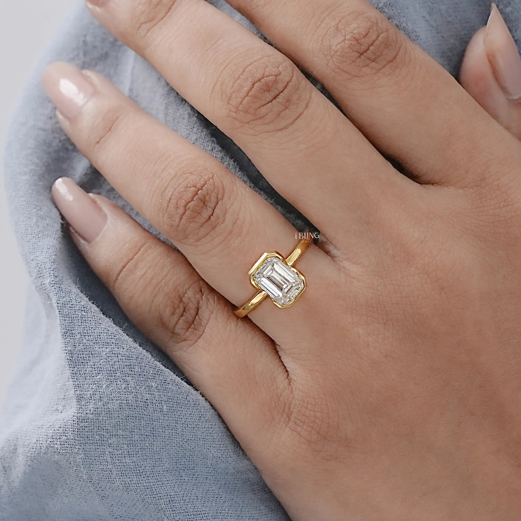 Bezel Set Emerald Cut Lab Diamond Engagement Ring