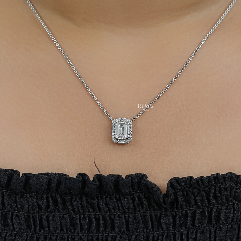 Emerald Cut Diamond Halo Pendant