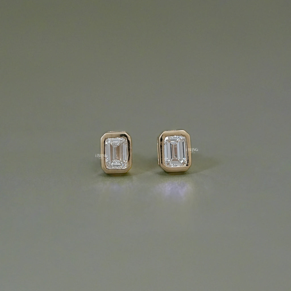 Emerald Cut Bezel Set Stud Earrings
