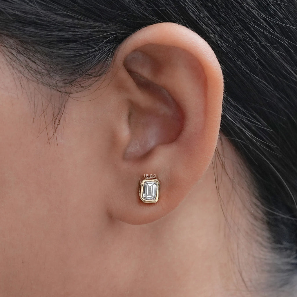 Emerald Cut Bezel Set Stud Earrings