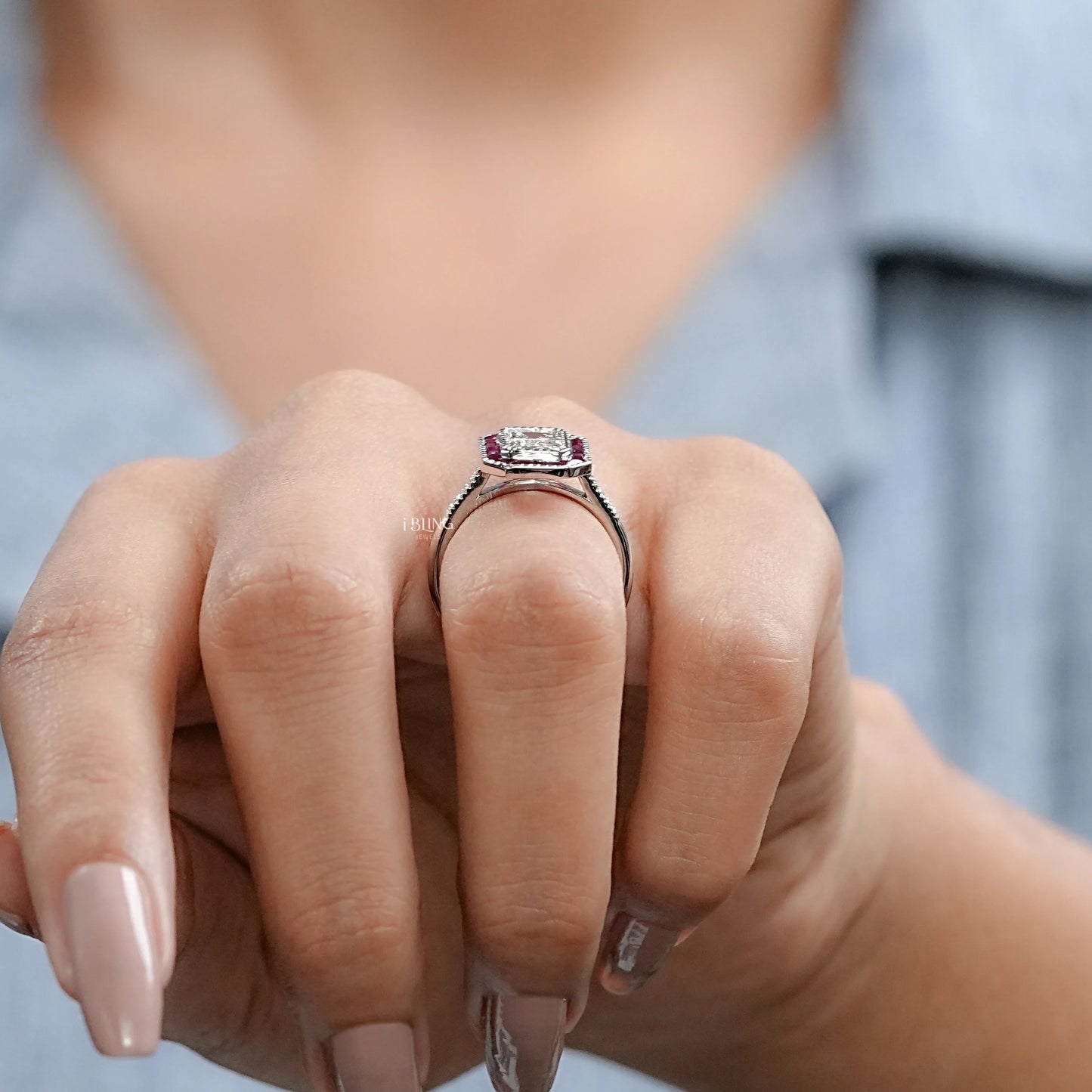 Ruby Tapered Baguette Halo Gemstone Engagement Ring