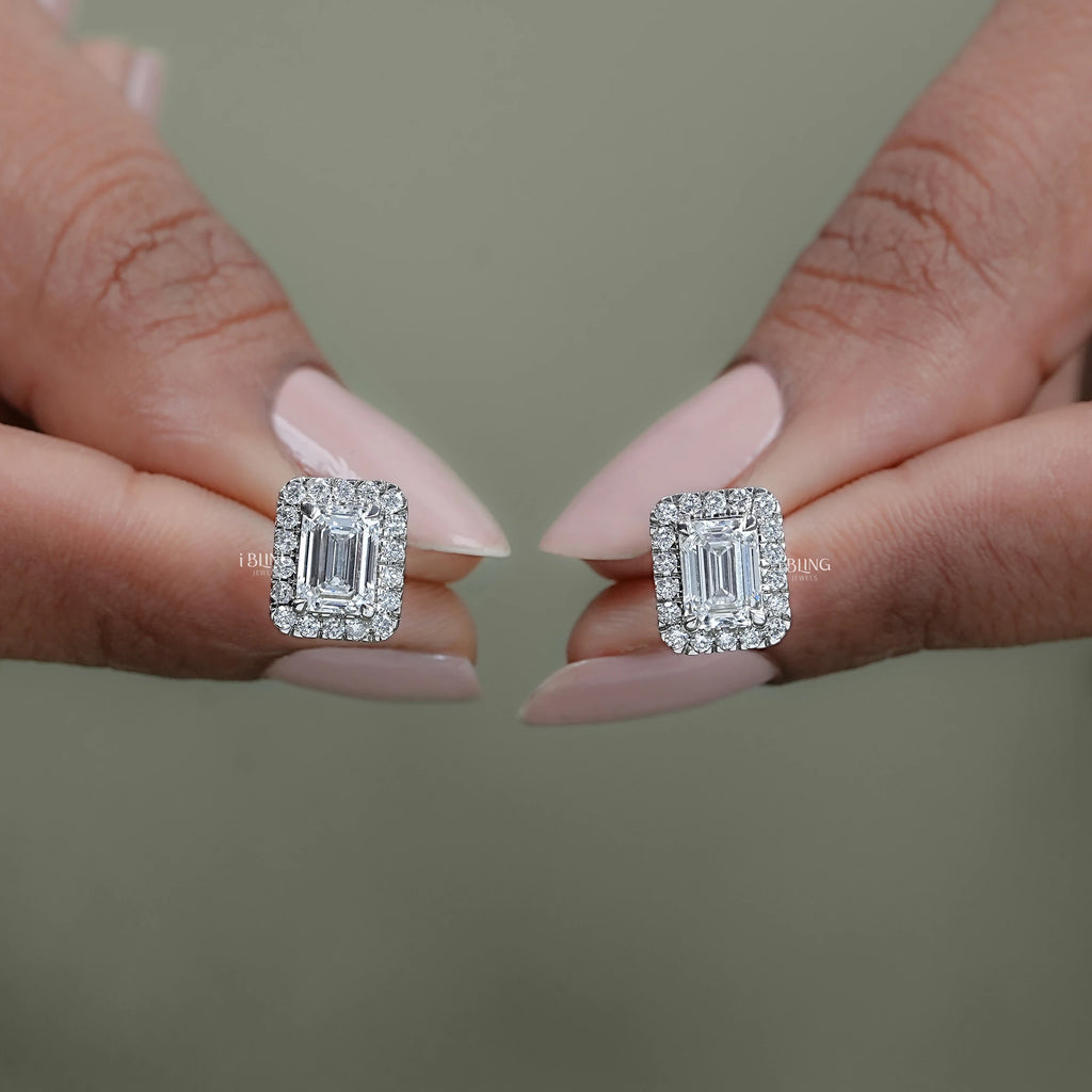 Lab Grown Emerald Cut Halo Stud Earrings