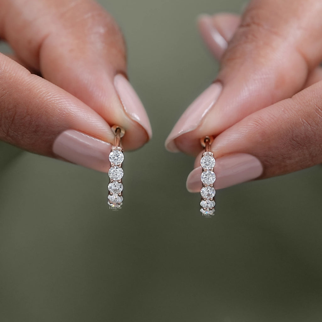 Five Stone Round Moissanite Huggie Hoop Earrings