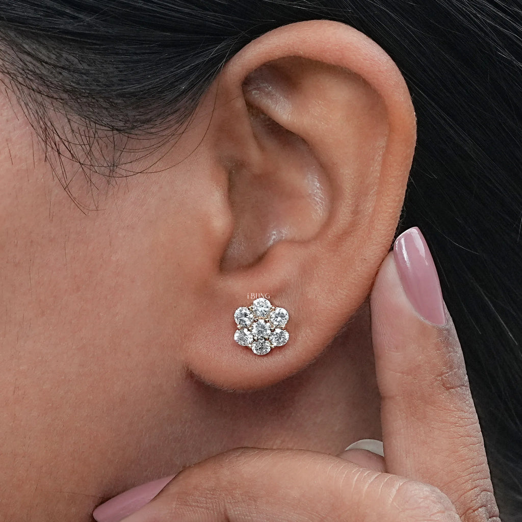 Round Cut Lab Diamond Floral Shape Stud Earrings