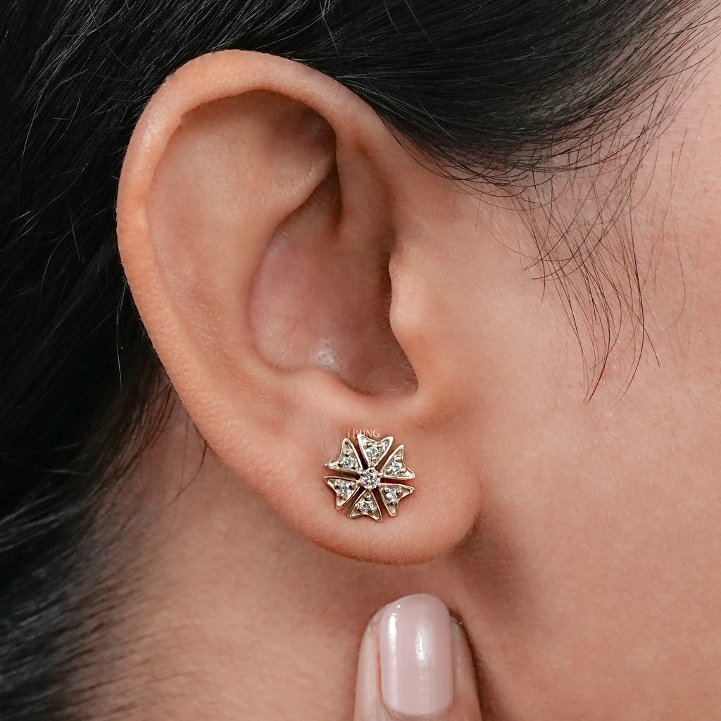 Tiny Round Cut Lab Diamond Floral Shape Stud Earrings