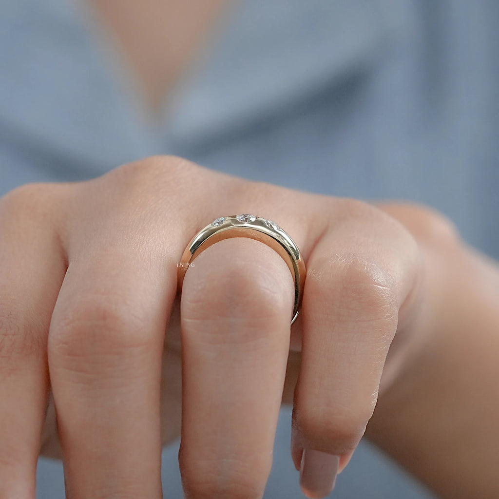 Three Stone Round Cut Flush Set Wedding Band