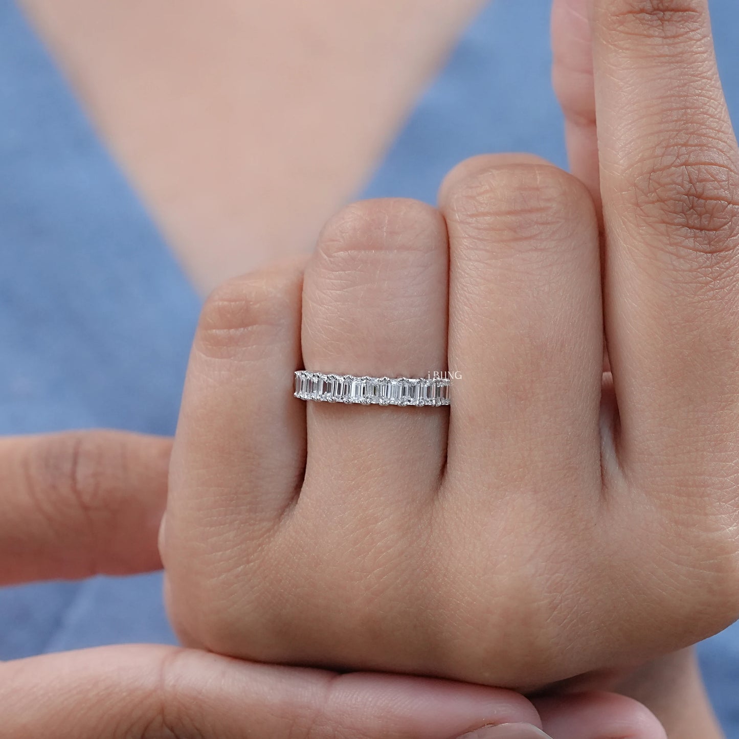 Emerald Lab Diamond Half Eternity Wedding Band