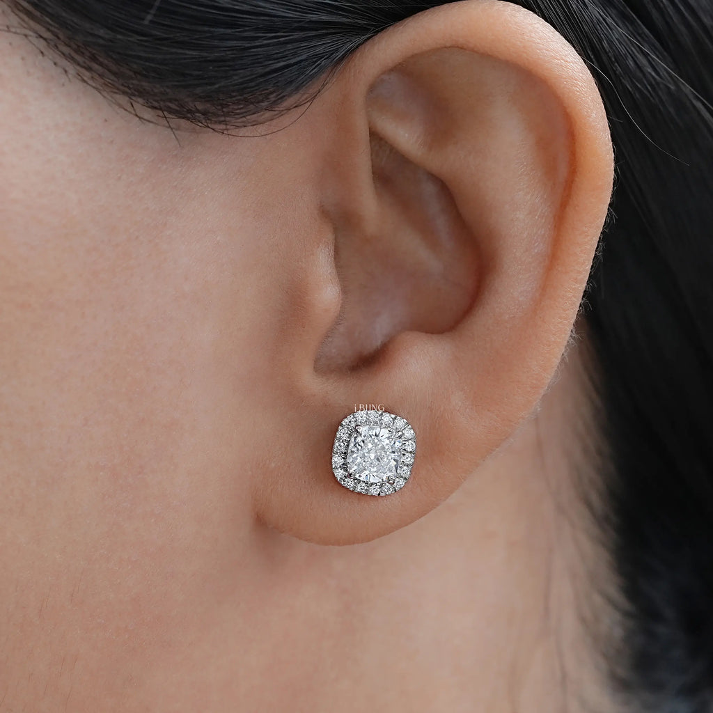 Cushion Cut Lab Diamond Halo Stud Earrings
