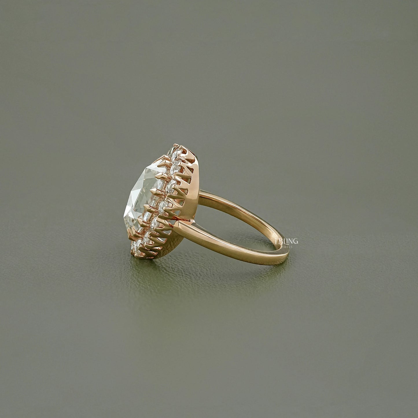 Rose Cut Oval Lab Diamond Halo Ring Solitaire Ring