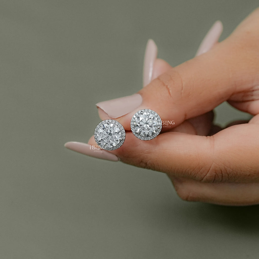 Round Cut Lab Diamond Halo Stud Earrings