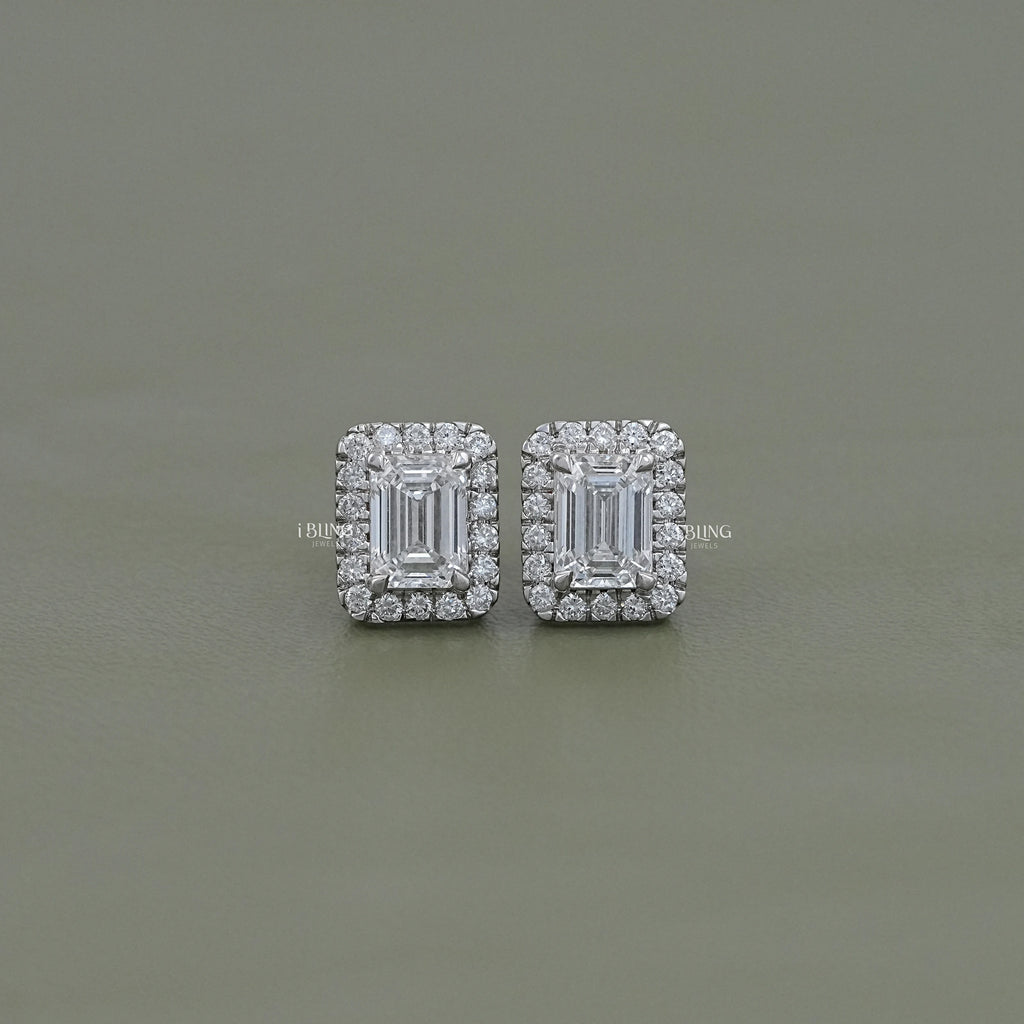 Lab Grown Emerald Cut Halo Stud Earrings