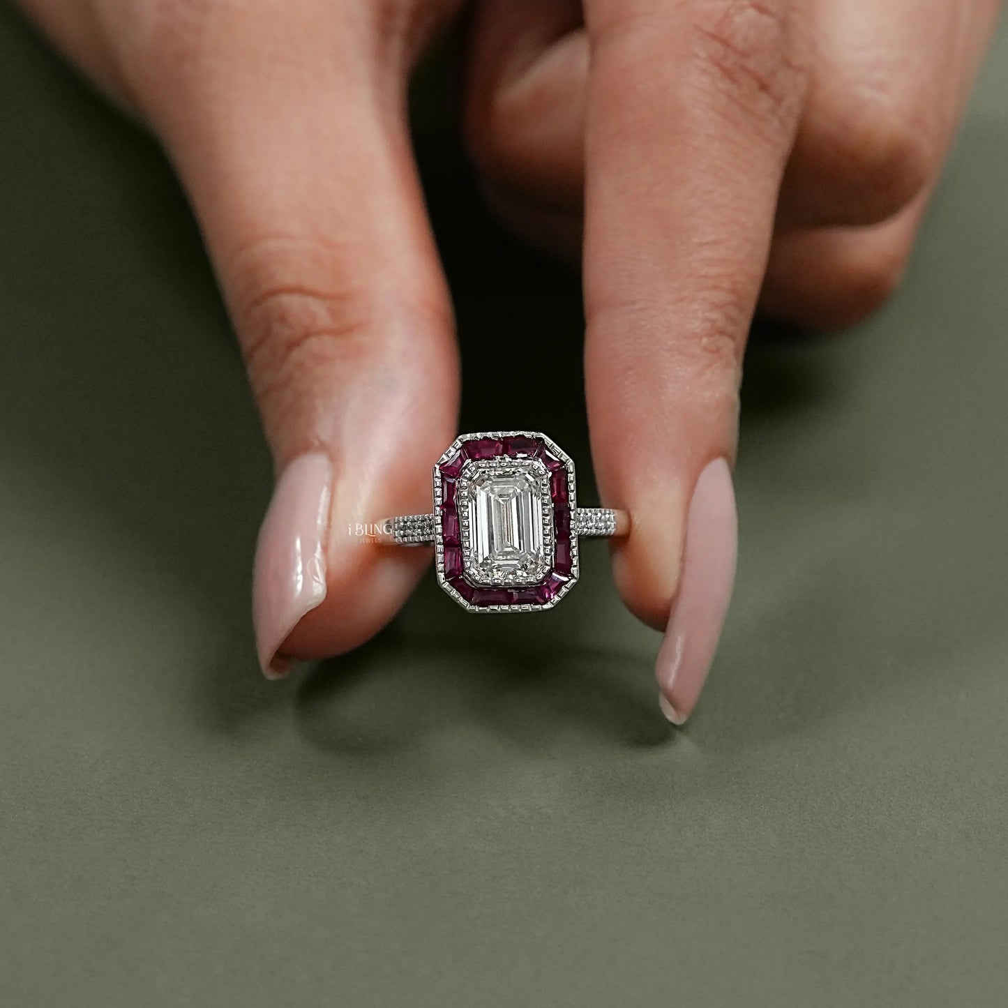 Ruby Tapered Baguette Halo Gemstone Engagement Ring