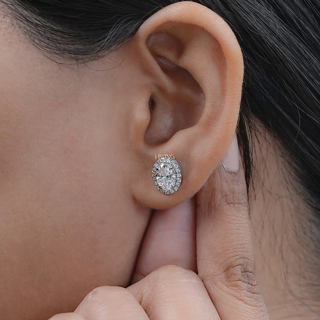 Oval Cut Lab Grown Diamond Halo Stud Earrings