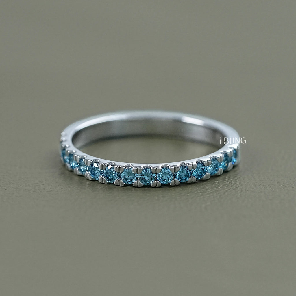 Blue Round Diamond Half Eternity Wedding Band