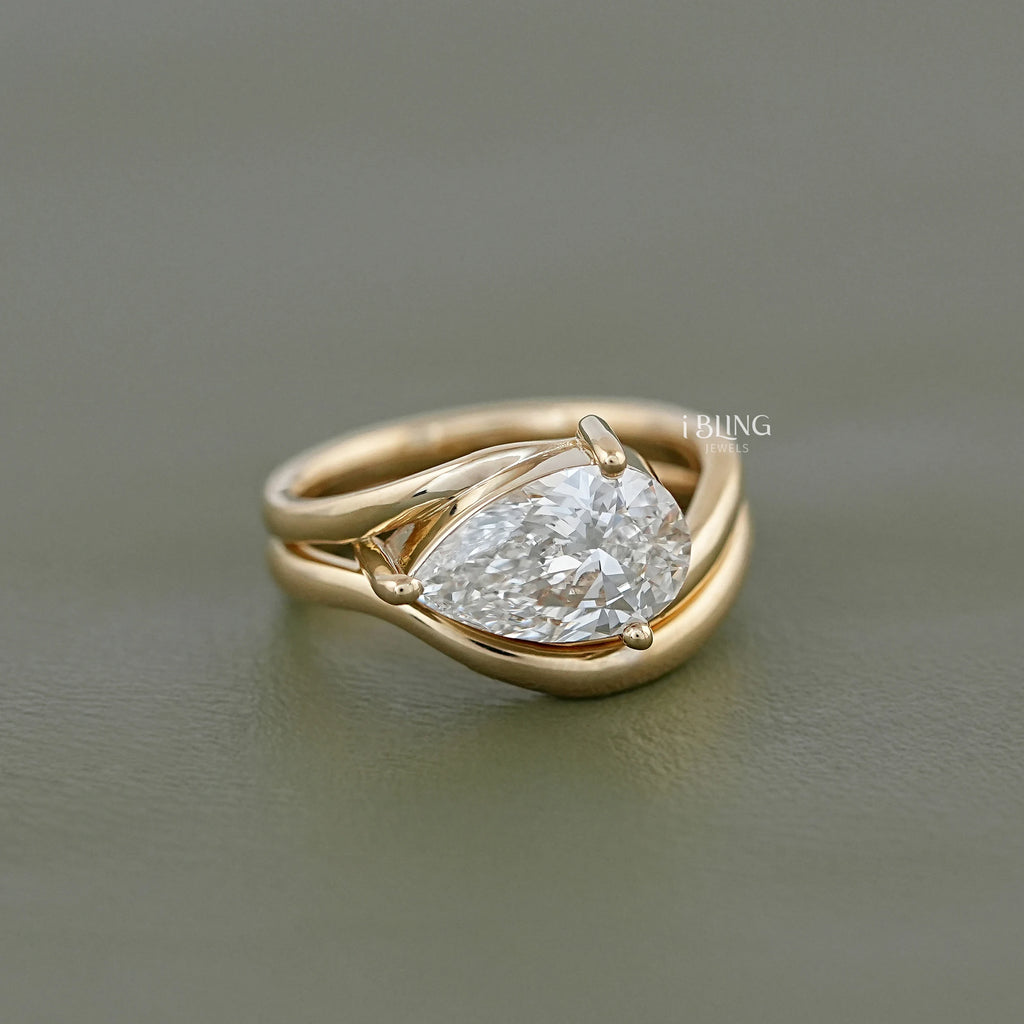 Pear Diamond Bypass Shank Solitaire Bridal Ring Set