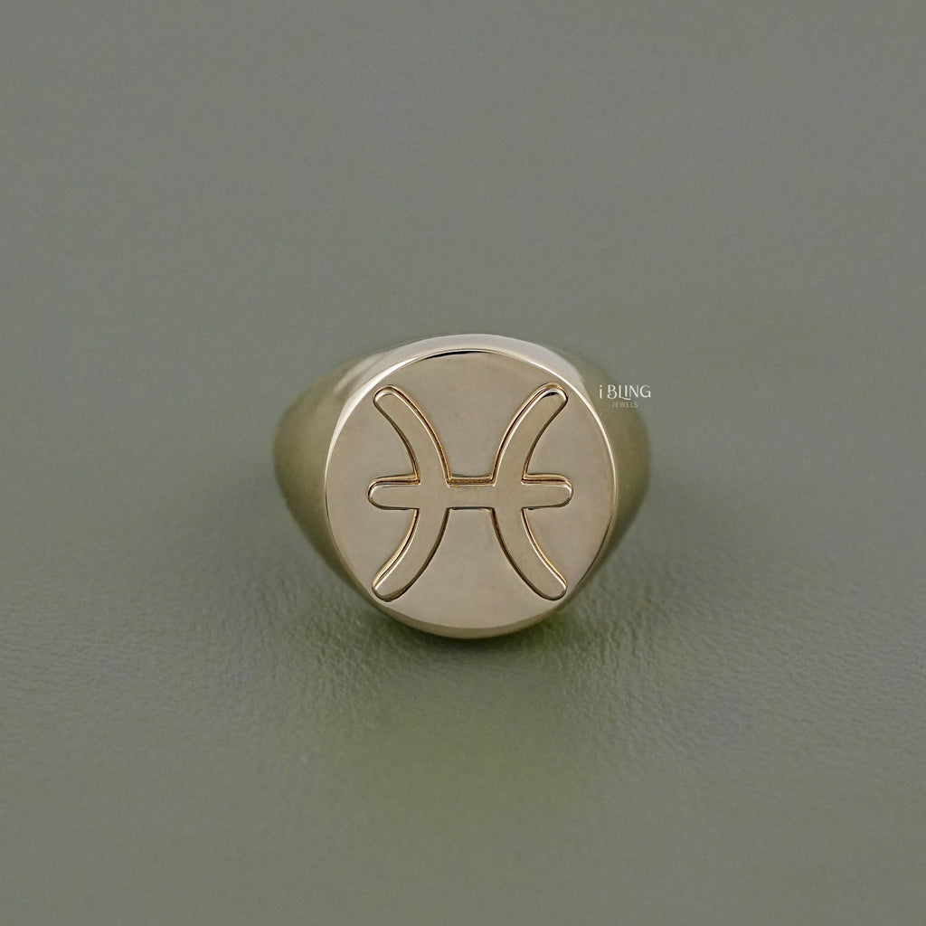 Yellow Gold Pisces Zodiac Unisex Signet Ring