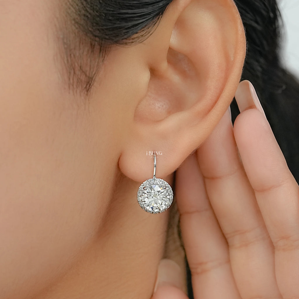 Round Cut Lab Grown Halo Lever Back Earrings