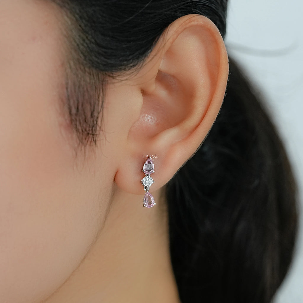 Pink Pear Three Stone Dangle Drop Earrings