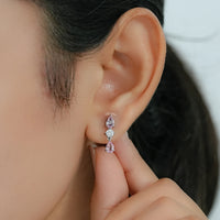 Pink Pear Three Stone Dangle Drop Earrings
