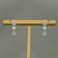Pink Pear Three Stone Dangle Drop Earrings