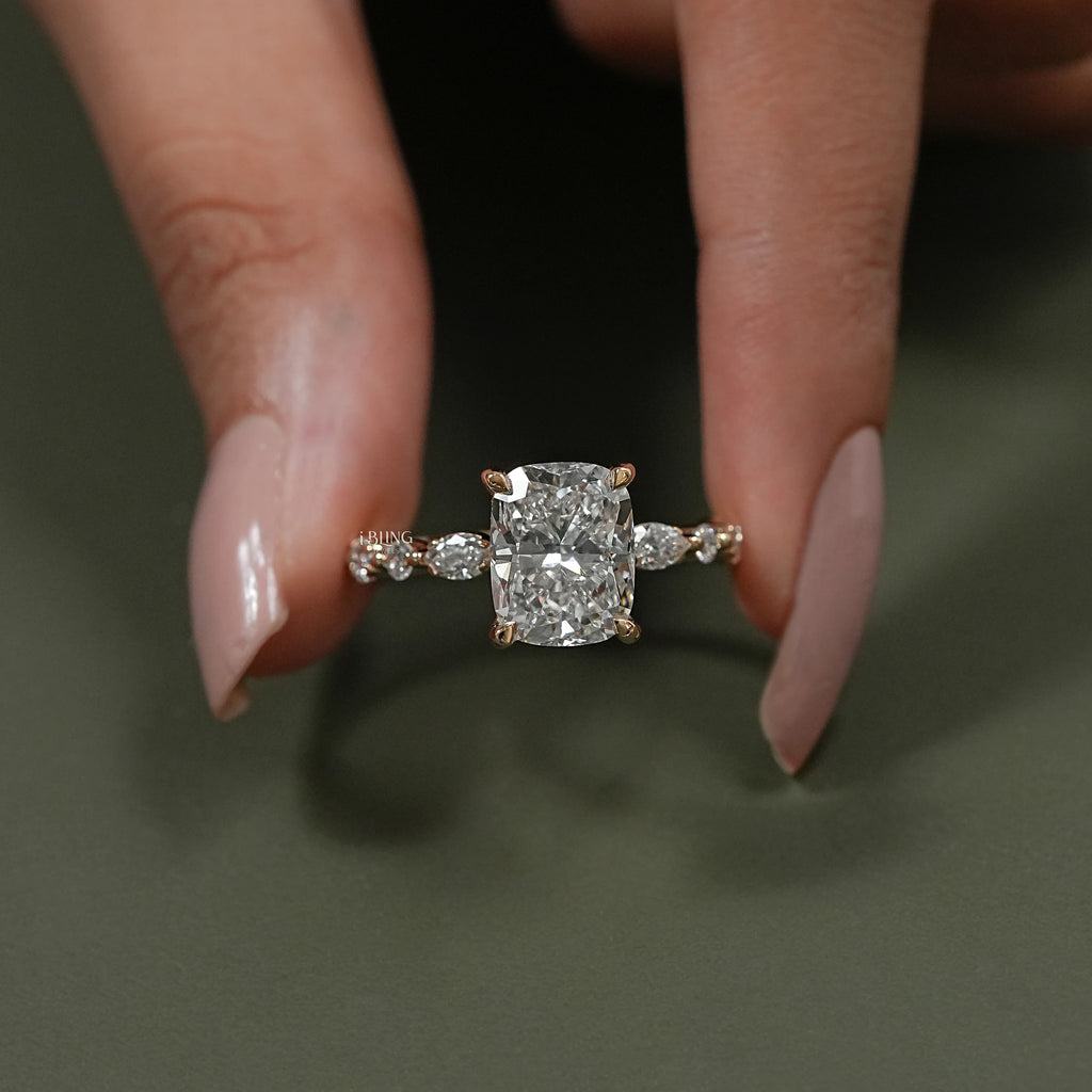 Cushion Cut Lab Diamond Hidden Halo Accent Ring
