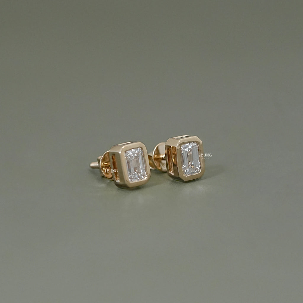 Emerald Cut Bezel Set Stud Earrings