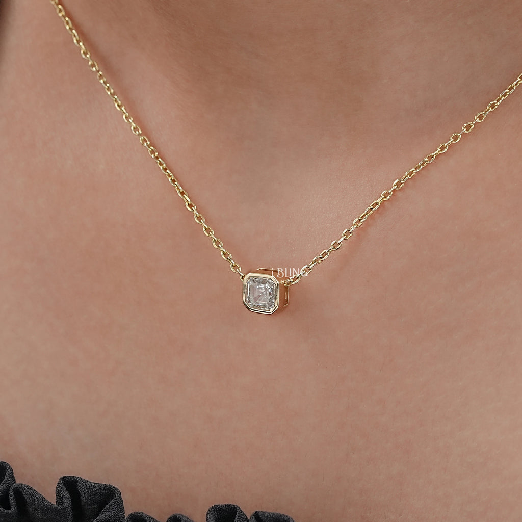 Asscher Cut Diamond Bezel Set Solitaire Necklace