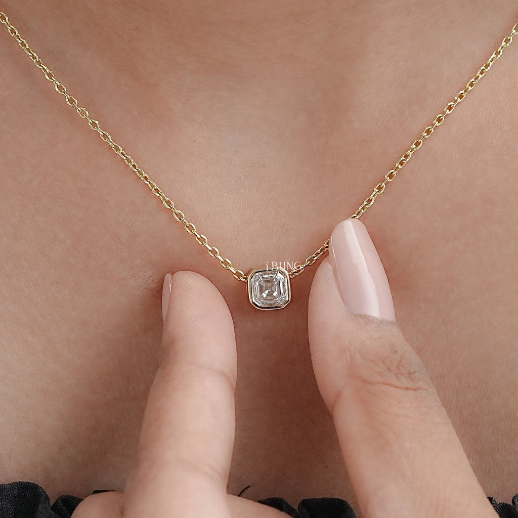 Asscher Cut Diamond Bezel Set Solitaire Necklace