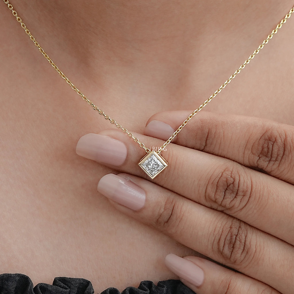 Princess Diamond Bezel Set Solitaire Necklace