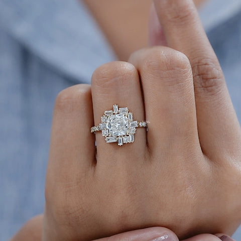 Cushion Diamond Cluster Set Halo Engagement Ring