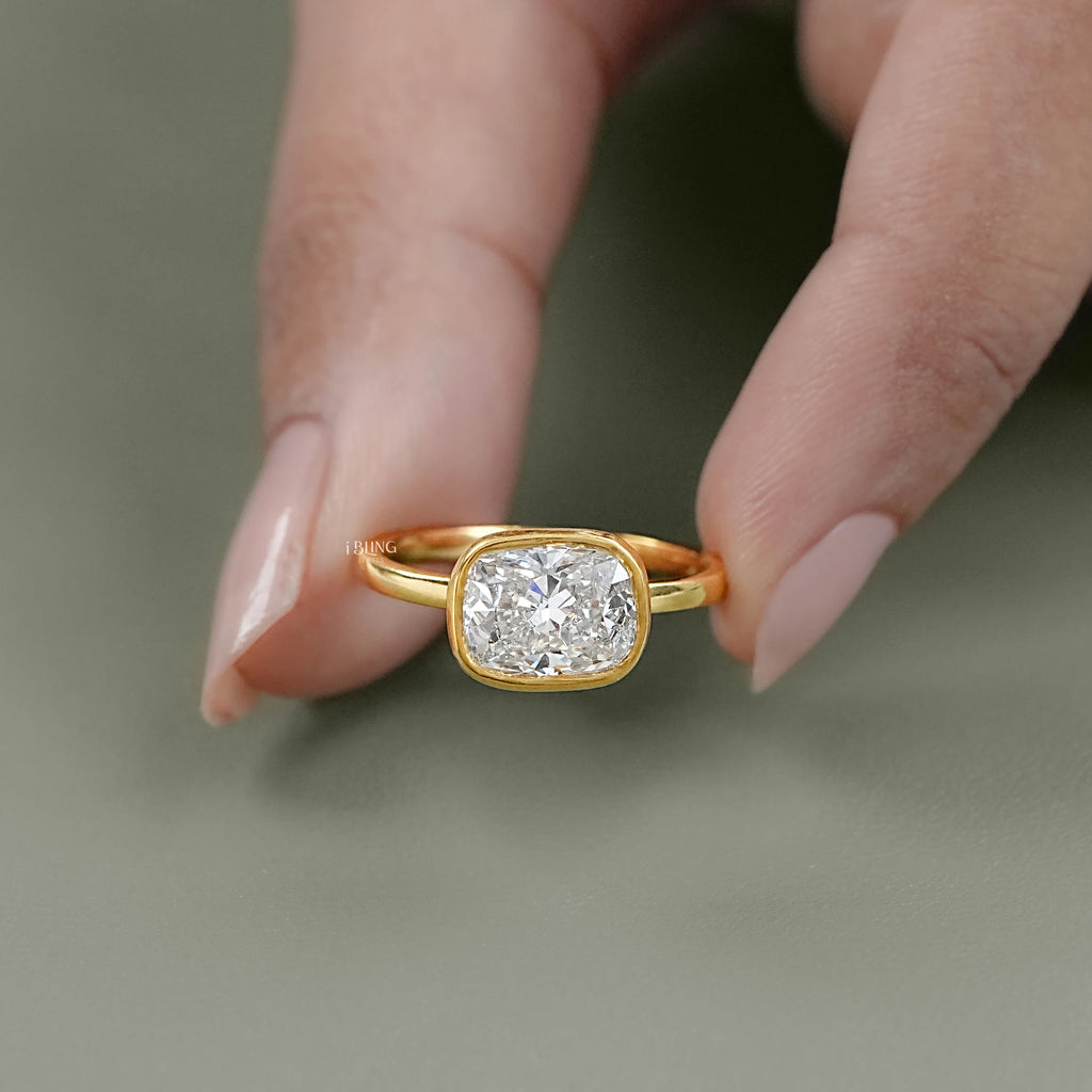 East West Cushion Cut Bezel Solitaire Engagement Ring