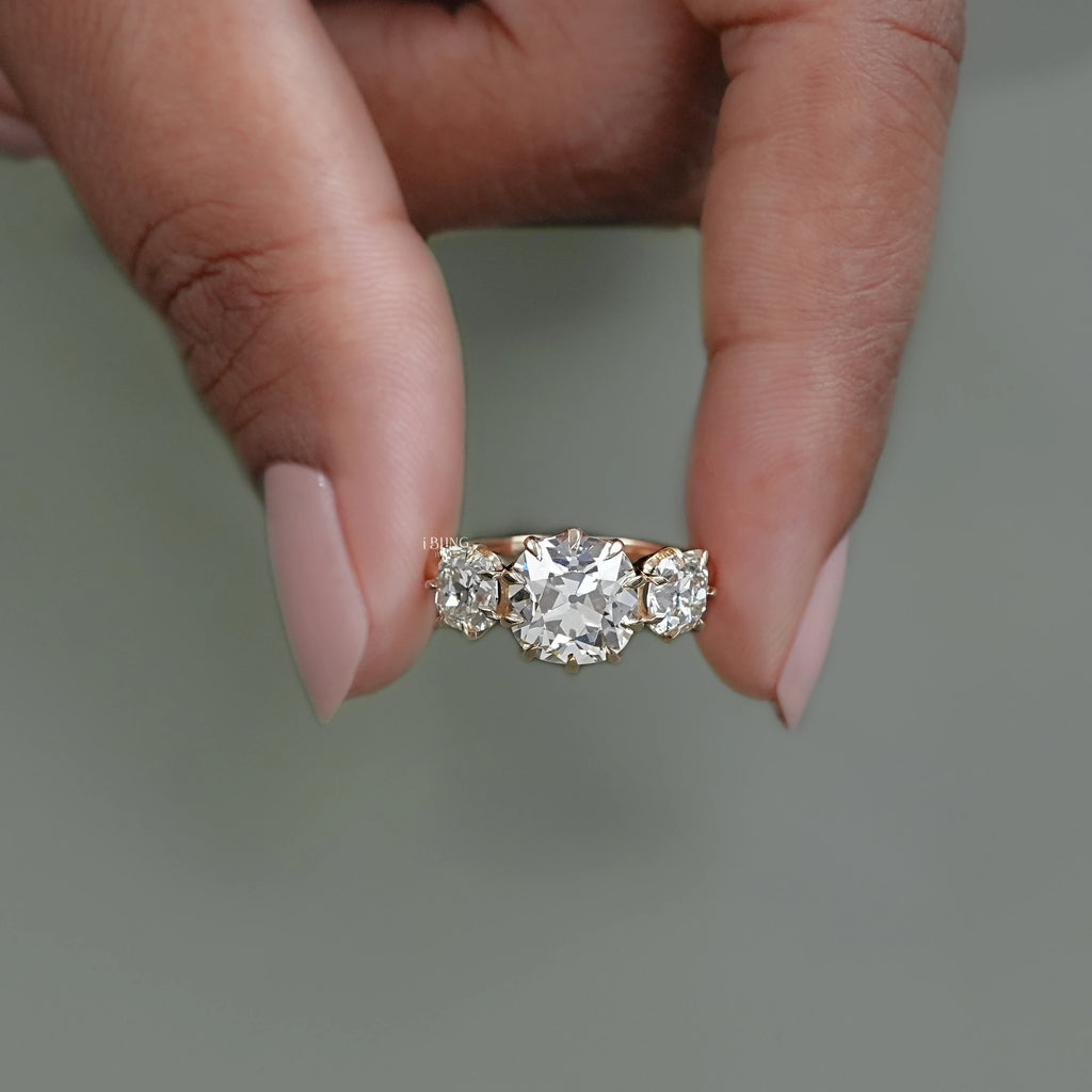Three Stone Old Mine Cushion Cut Engagement Ring