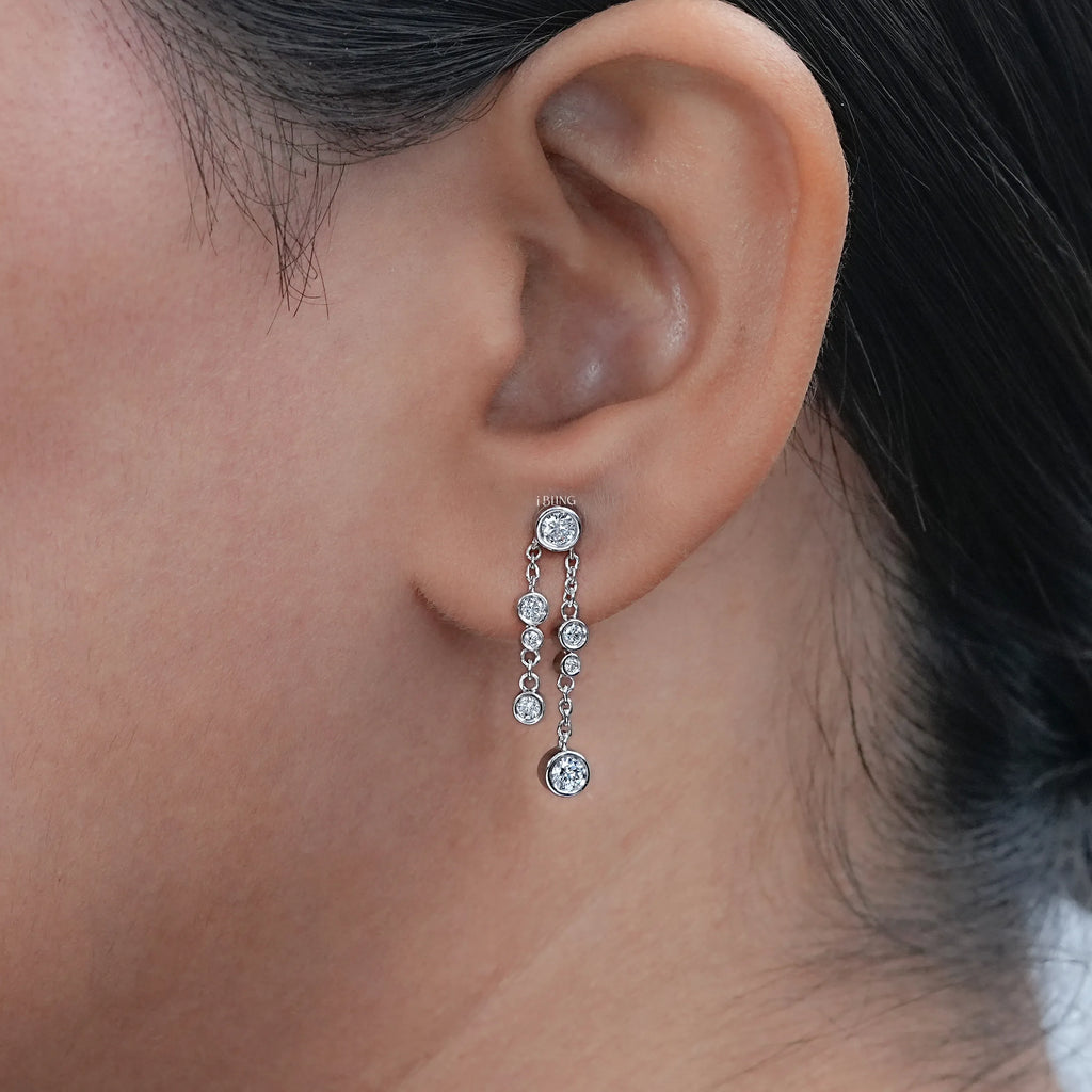 Round Cut Bezel Set Chain Drop Dangle Earrings