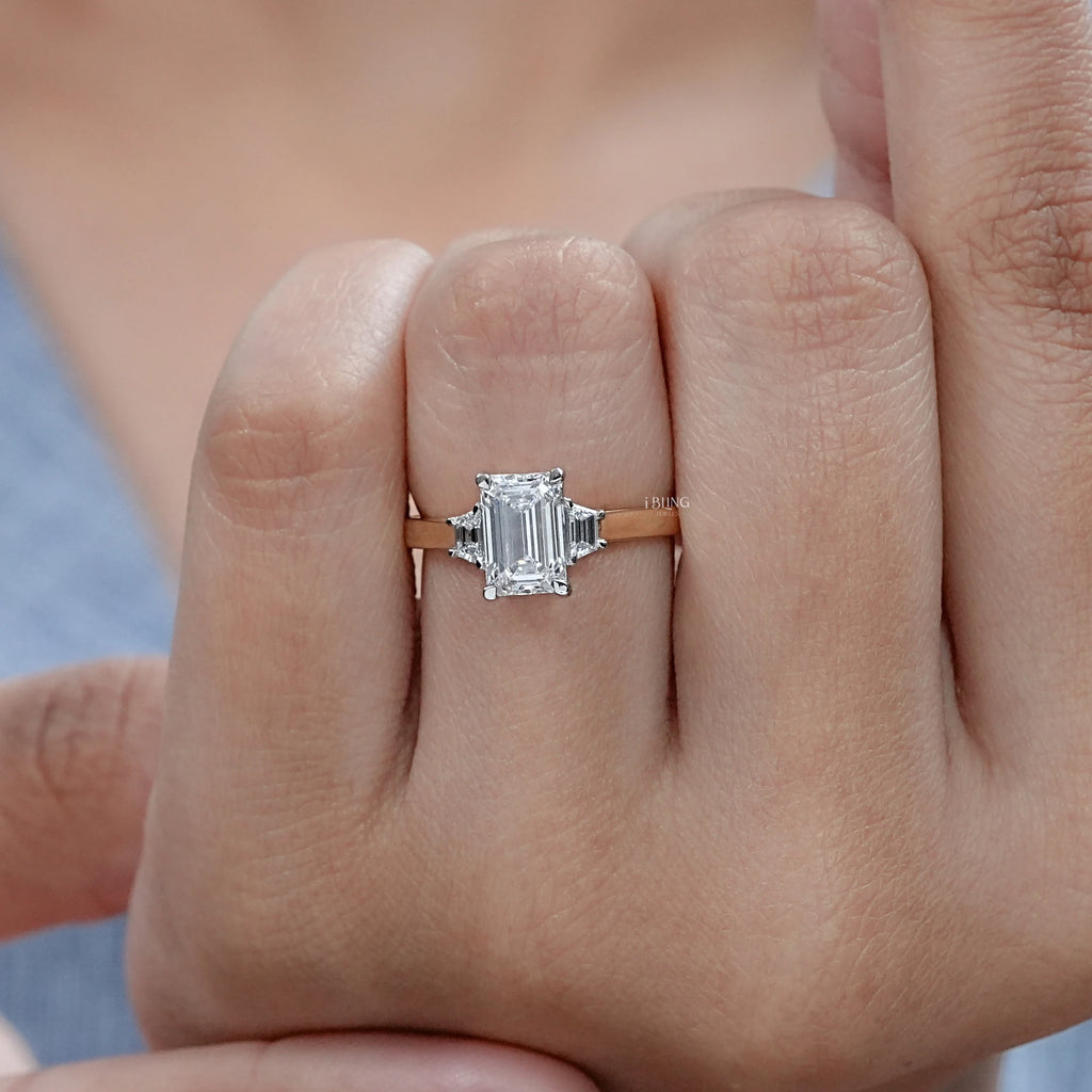 Three Stone Emerald Cut Engagement Ring