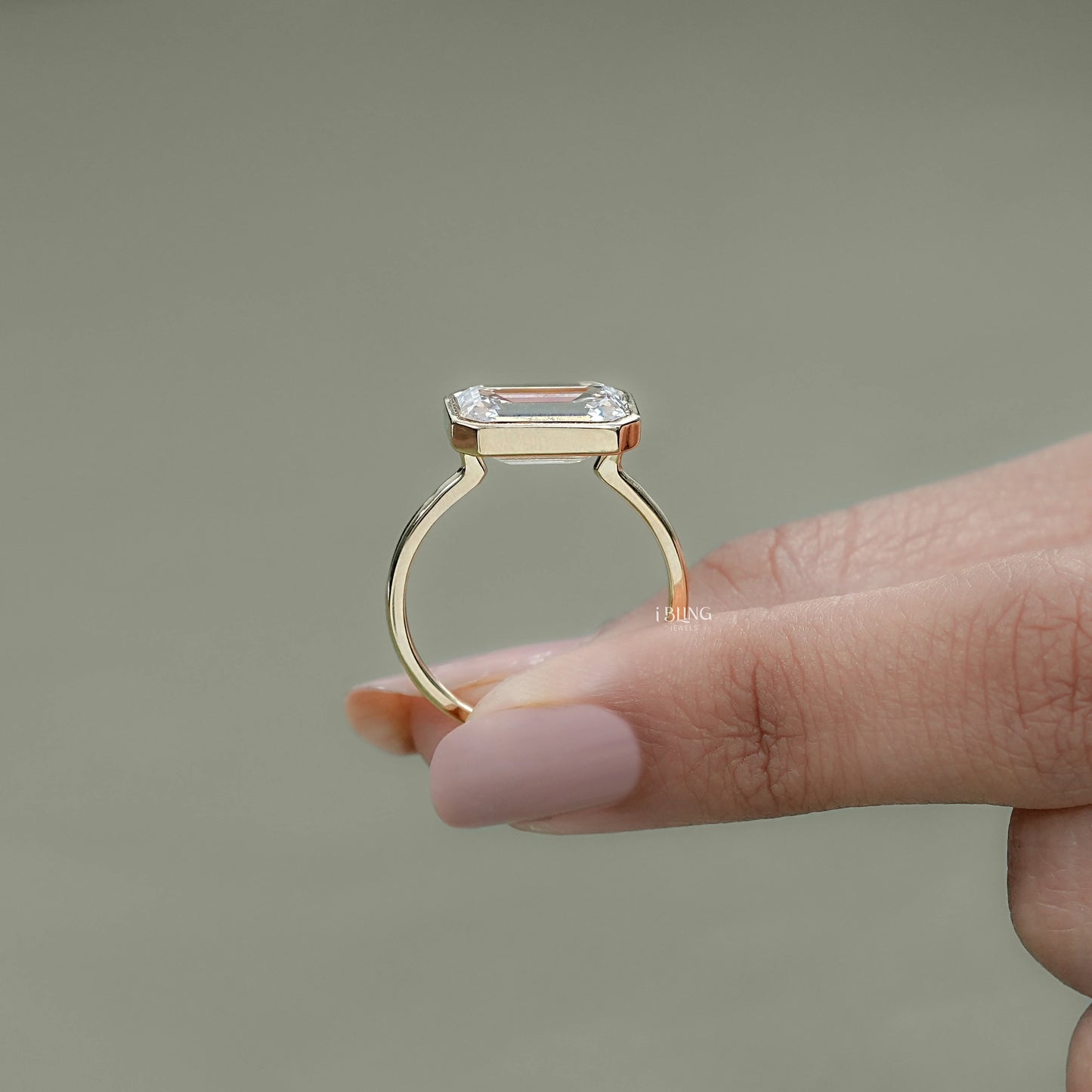 Bezel East West Set Emerald Diamond Ring Solitaire Ring