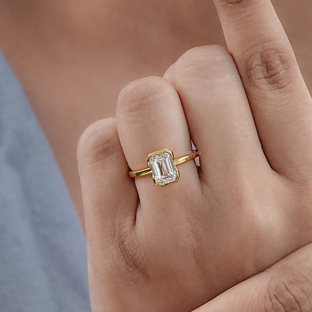 Bezel Set Emerald Cut Lab Diamond Engagement Ring