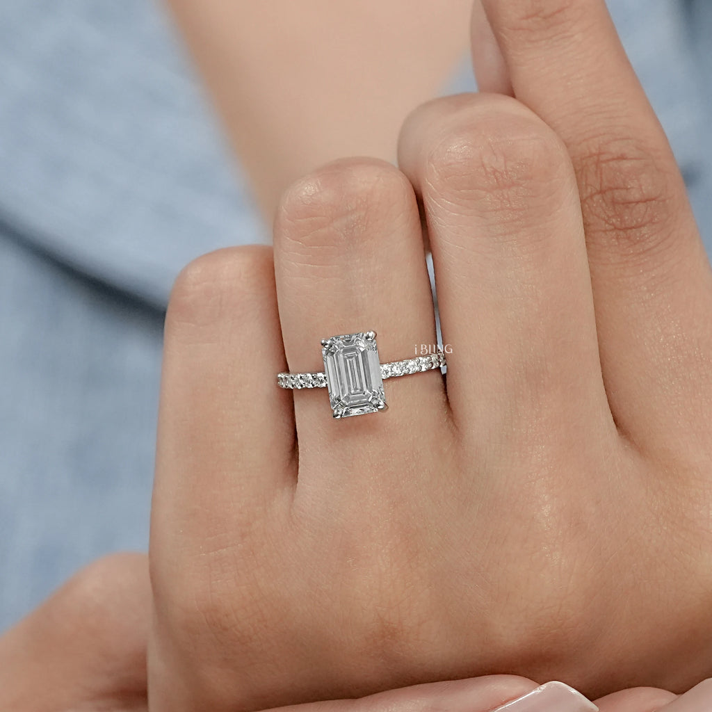 Emerald Cut Solitaire Accent Engagement Ring