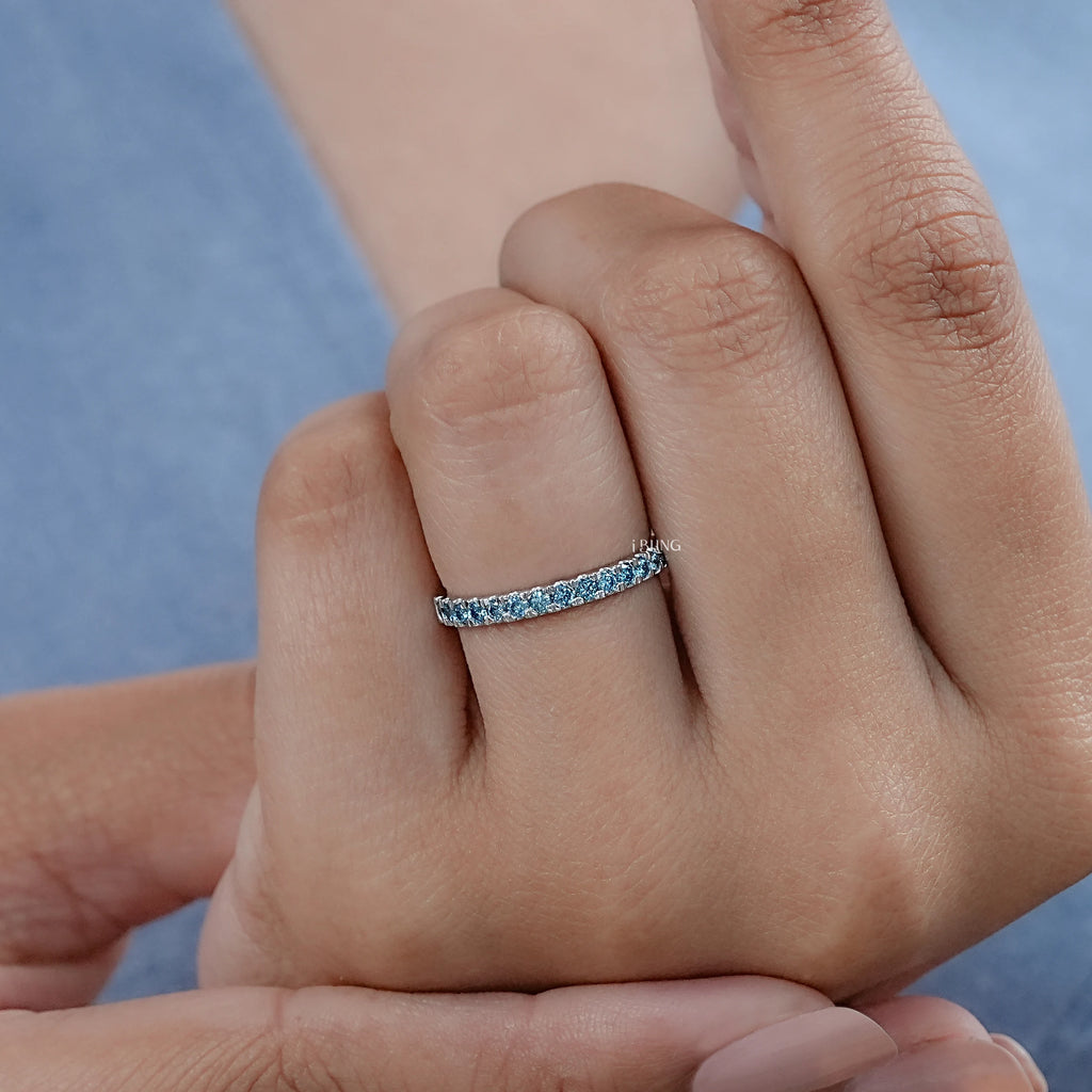 Blue Round Diamond Half Eternity Wedding Band