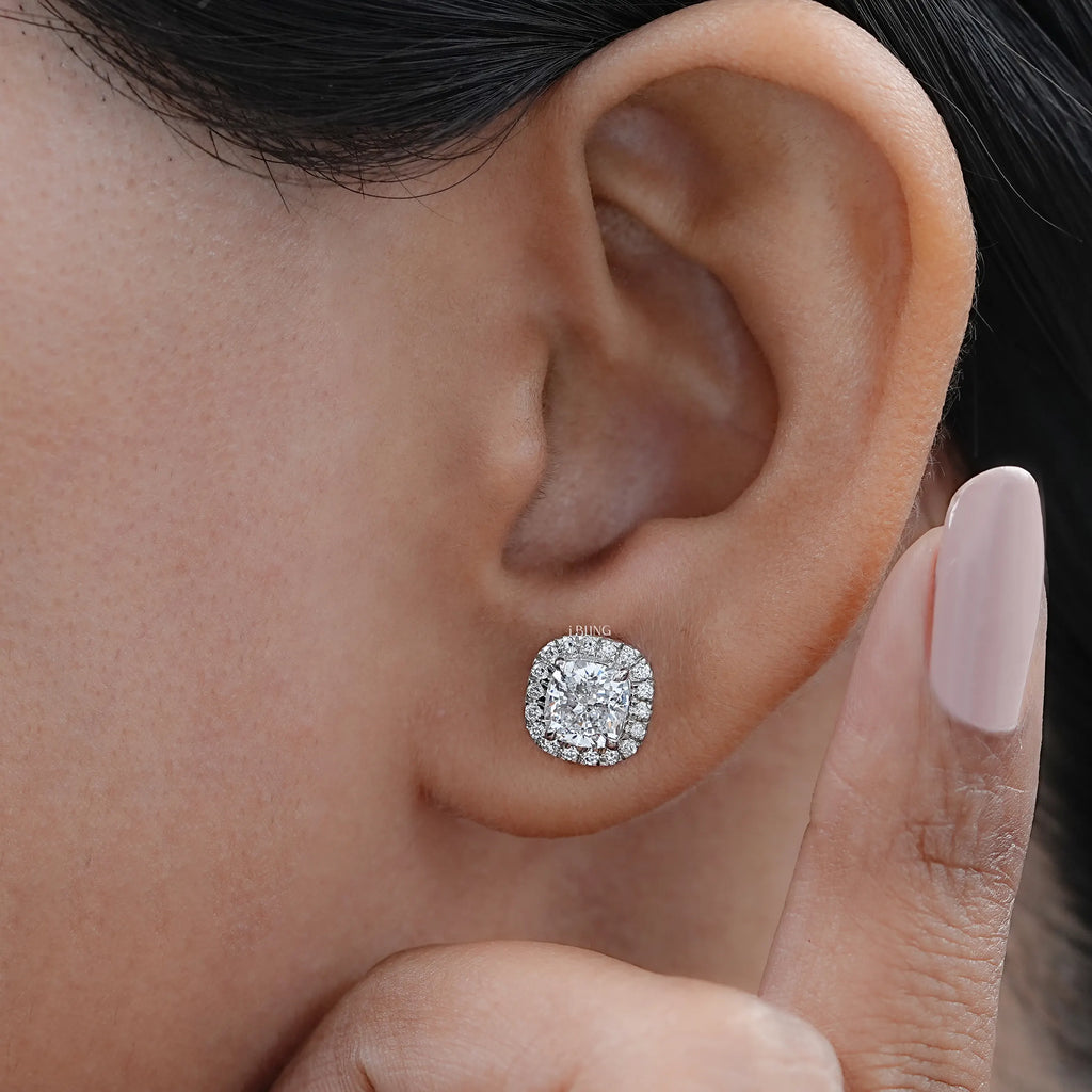 Cushion Cut Lab Diamond Halo Stud Earrings