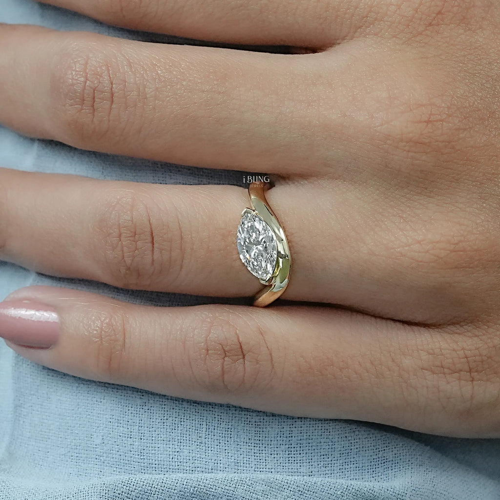 East West Marquise Cut Curved Lab Diamond Ring