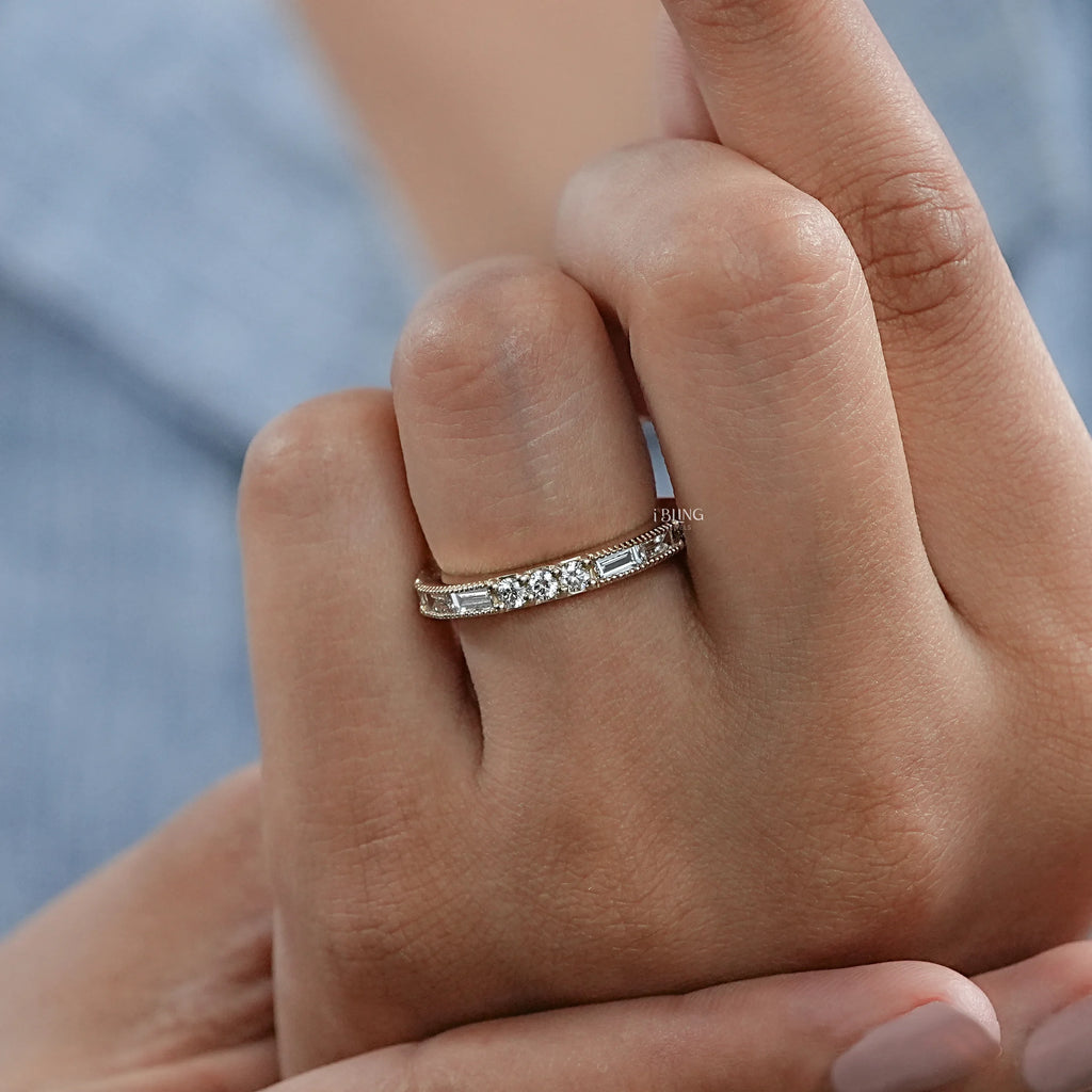 Baguette And Round Diamond Filigree Wedding Band