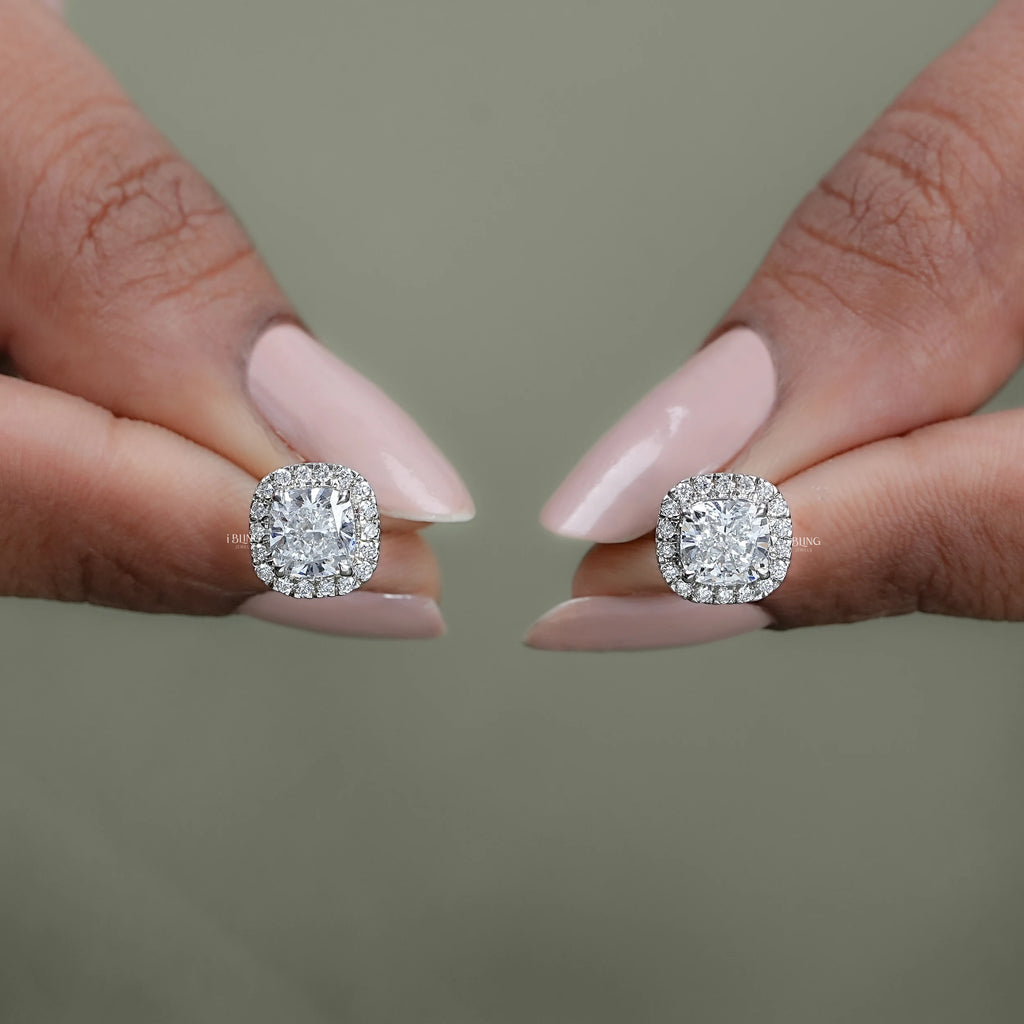 Cushion Cut Lab Diamond Halo Stud Earrings