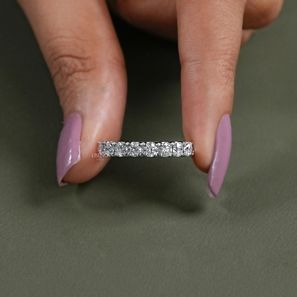 Round Lab Diamond Half Eternity Wedding Band
