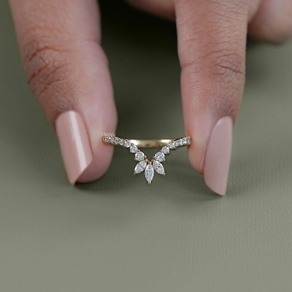 Marquise And Round Diamond Curved Wedding Band