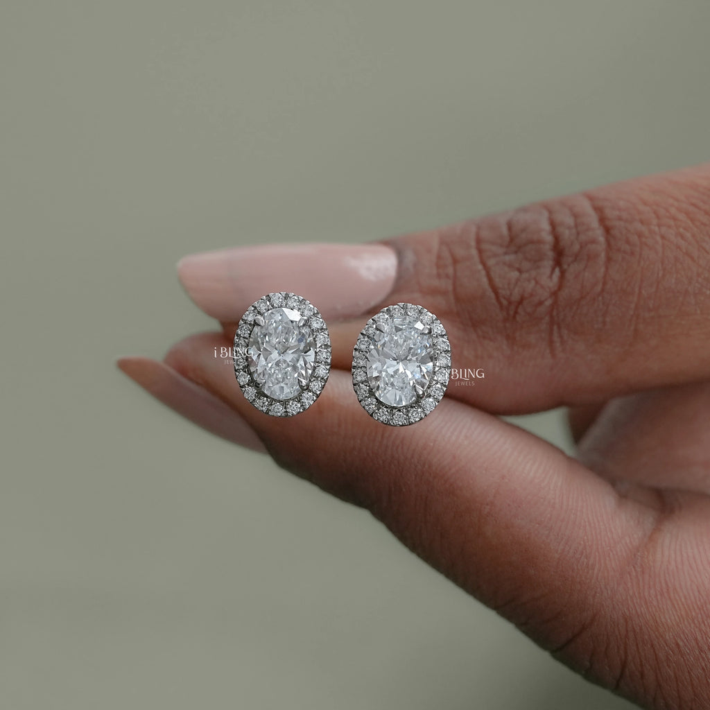 Oval Cut Lab Grown Diamond Halo Stud Earrings