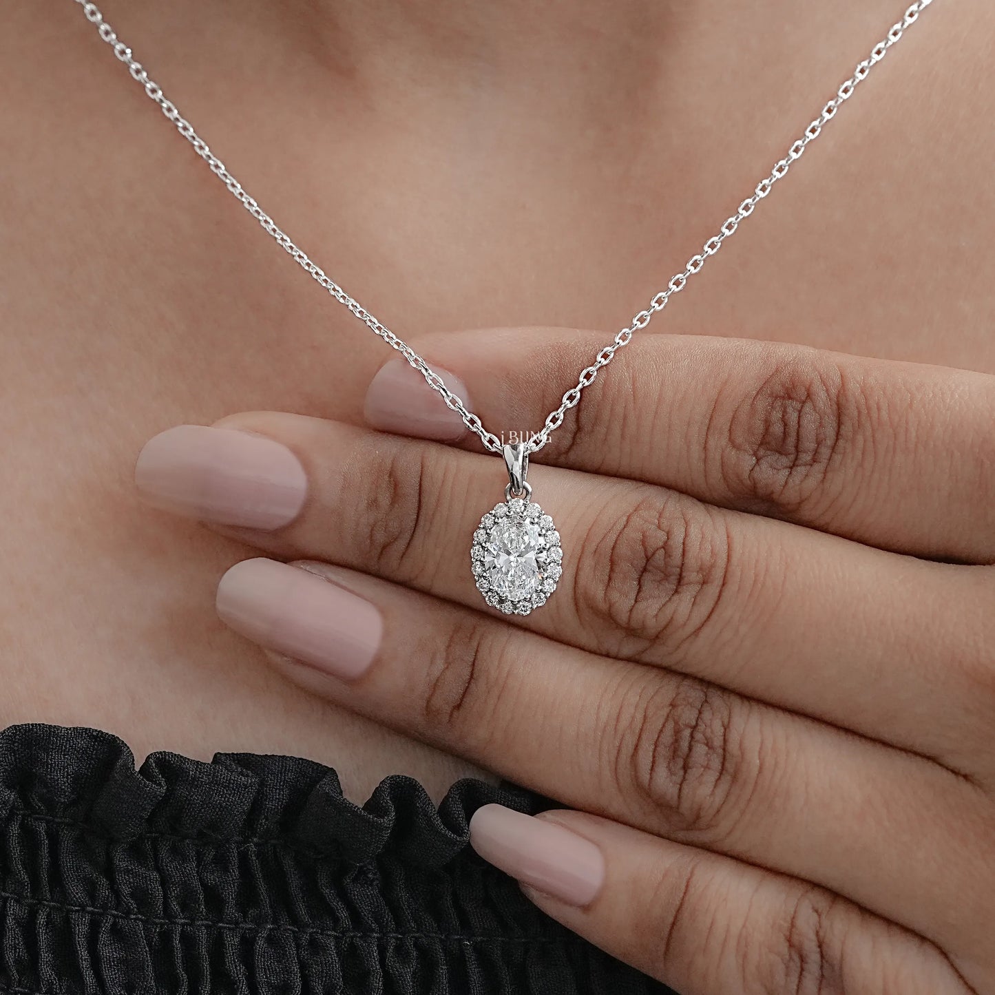 Oval Lab Grown Diamond Halo Necklace Pendants