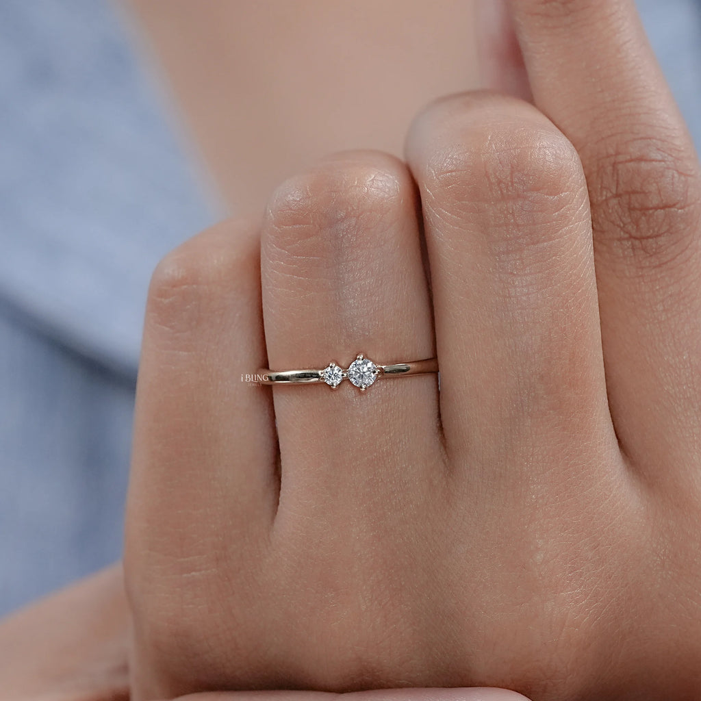 Round Lab Diamond Two Stone Dainty Ring