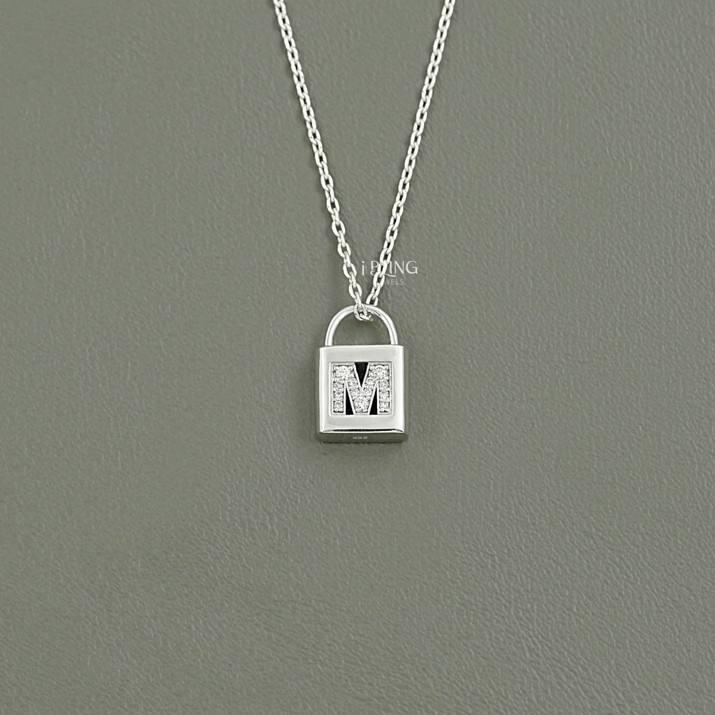 Round Cut Lab Diamond Padlock M Letter Necklace