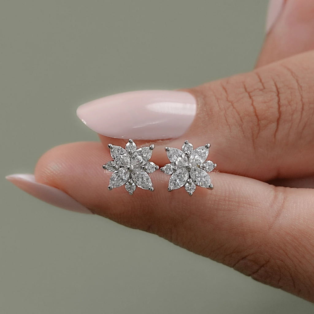 Marquise and Round Diamond Floral Stud Earrings