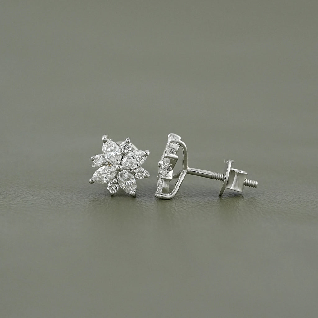 Marquise and Round Diamond Floral Stud Earrings